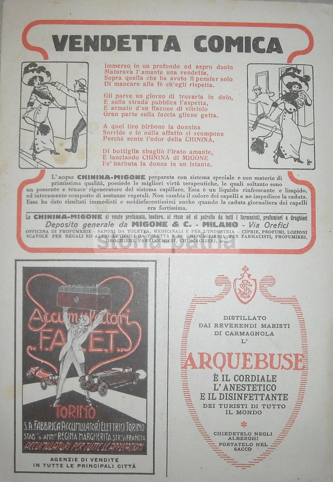 Antica Pubblicitaria, Milano, Chinina Migone, Faet Torino Accumulatori, Arquebuse immagine 3