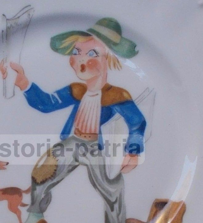 Artistico Piatto Fumettistico, Strillone, Venditore Di Giornali, Porcellana d'Epoca immagine 3