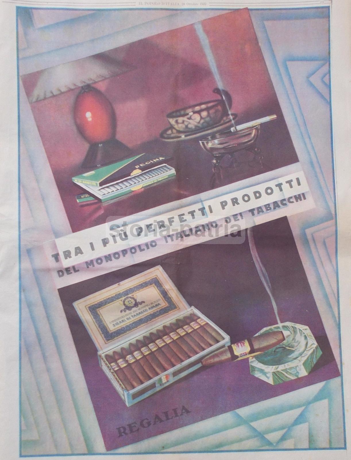 Fumo, Tabacco Avana, Sigari, Sigarette Regina, Distilleria Branca, Pubblicitaria, 1932 immagine 2