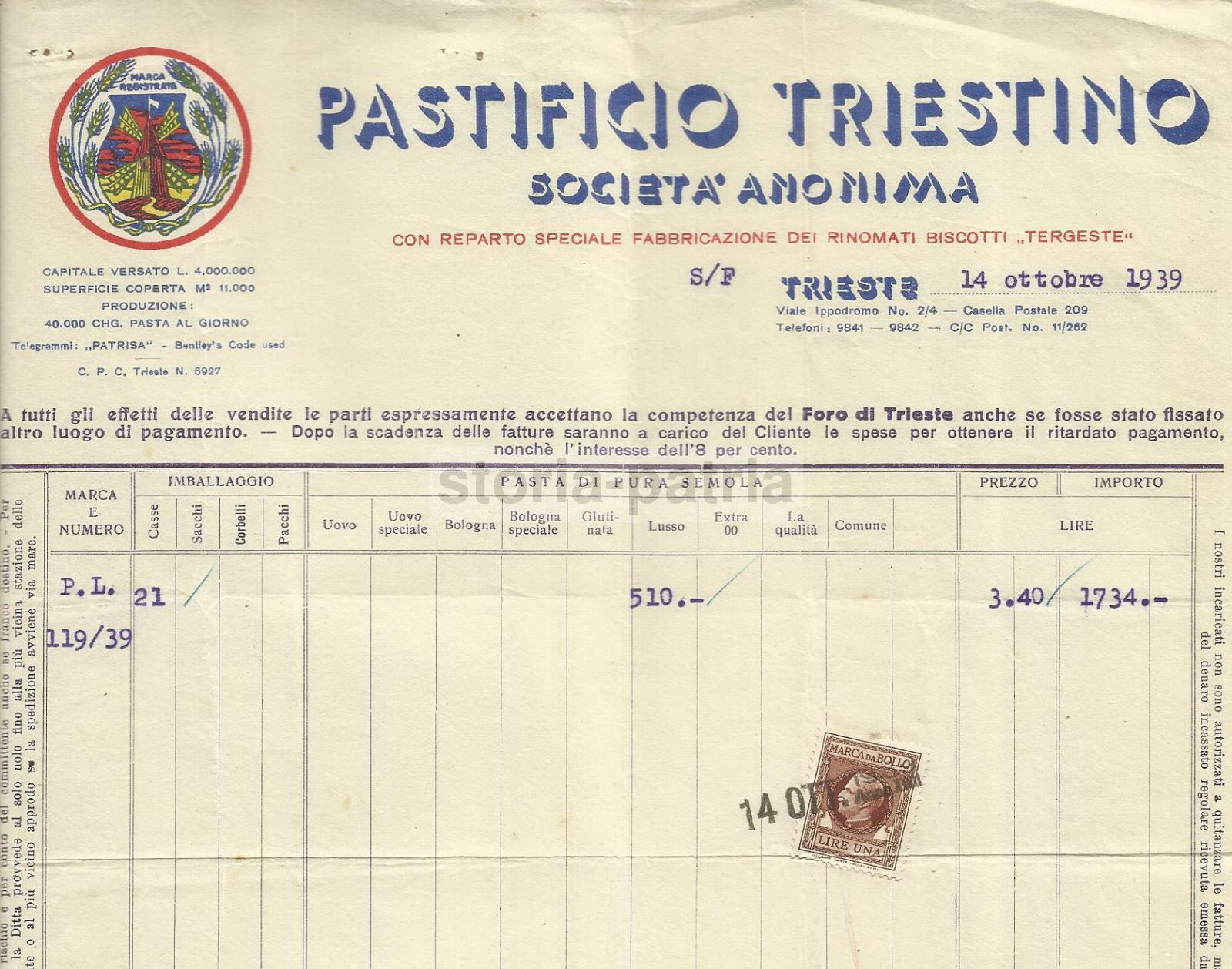 Mulino, Grano, Farine, Pasta, Pastificio, Biscotti, Pubblicitaria d'Epoca, 1939, Trieste immagine 1