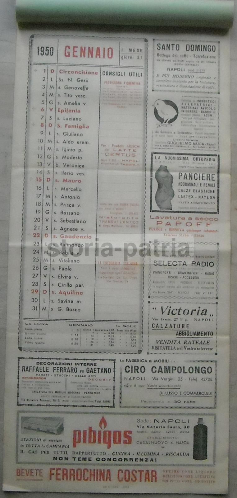 Napoli, Calendario Pubblicitario, Guardasole, Ortopedia, Pibigas, Ferrochina, Caffe immagine 1