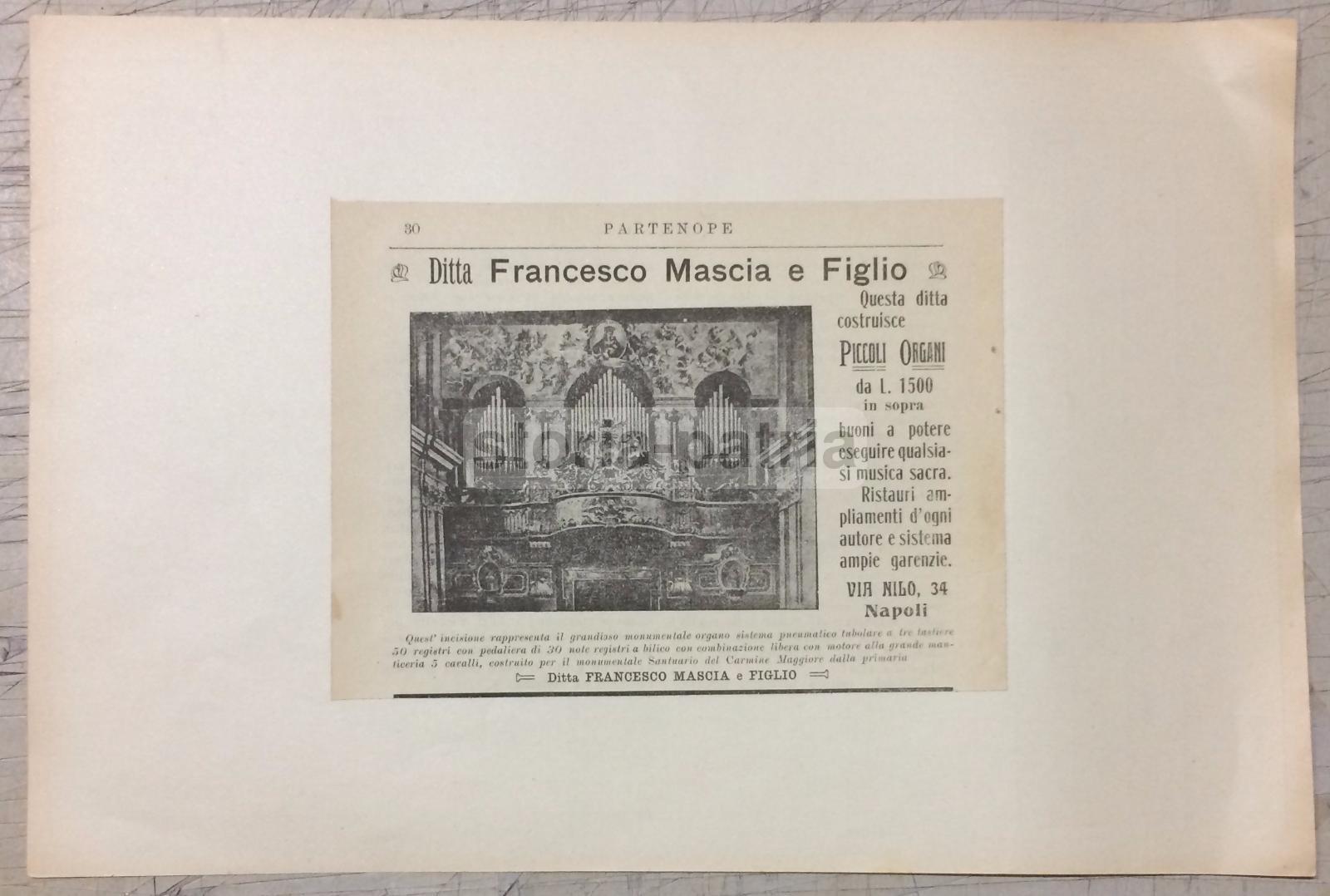 Napoli, Musica Sacra, Organi, Sistema Pneumatico, Antica Pubblicitaria, Ditta Mascia immagine 1