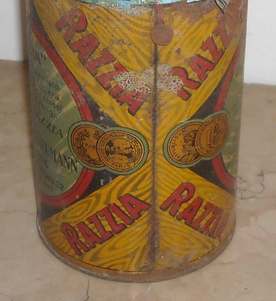 Raro Antico Barattolo In Latta, Insetticida Razzia, Neumann, Fiume, Milano, Araldica immagine 9