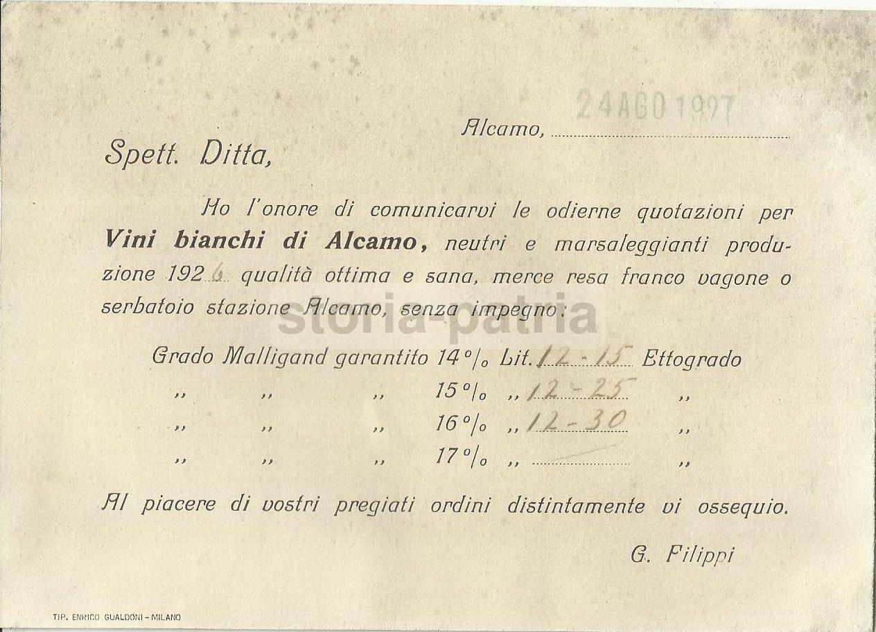 Sicilia, Alcamo, Enologia, Vini, Marsala, Vinicola Filippi, Antica Pubblicitaria, 1927 immagine 2