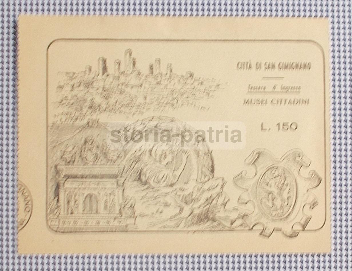 Toscana, S Gimignano, Musei Cittadini, Biglietto Pubblicitario d'Epoca, Pubblicita immagine 1